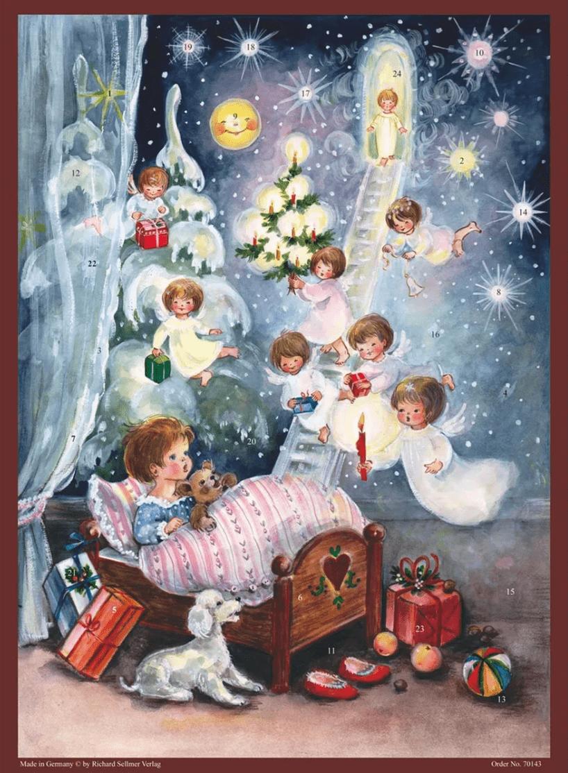 ドイツ アドベントカレンダーエンジェルドリーム Richard Sellmer Verlag社 ドイツ製 エンジェルドリーム 1から24までの小窓を開けていき、クリスマスまでをカウンドダウンを楽しみます。小窓の中の絵は、後ろから明かりを照らすとステンドグラスのように光が透けて綺麗です。天使たちが天国への梯子を下りて、ベッドにいる子供を訪ね贈り物を持ってきています。美しい、ノスタルジックなモチーフです。A4よりも縦・横5cmずつ大きい大判サイズ。ご自宅はもちろん、ショップなどに飾るとクリスマスの雰囲気が出て素敵なインテリアに。size：37×27.5cm 大判サイズ素材：紙　ラメが施されています。デザイン：エンジェルドリーム製造国：ドイツ製＜配送についての注意＞ こちらは日本郵便定形外配送（無料）です。土日祝日は配送しておりません。ポストへ入らない為、不在で受け取れなかった場合に郵便局へ連絡を取って頂く場合があります。保管期間を過ぎますと返送されてしまいますのでご注意下さい。返送された商品を再発送される場合は発送料金が発生します。尚、返送によるキャンセルは受け付けておりませんのでご了承ください。土日祝に受け取りたい方はこちらで宅配便をご選択下さい。ご注文後に送料一律500円を追加します。※窓を開けて後ろから光をあてるとステンドグラスの様に色が浮かび上がります。※ラメが落ちやすく衣服に付着する場合があります。お取り扱いにご注意下さいませ※紙製品のため、仕様に差し支えない範囲で　角に多少の折れ等がある場合がございます。※ご利用のモニターにより色の印象が異なる場合がございます。ご了承くださいませ。 2