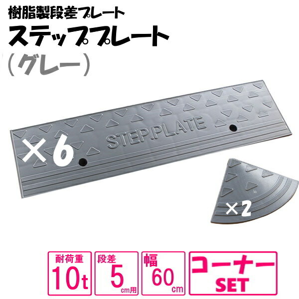 （送料無料） 国産 樹脂製段差プレート ステッププレート 段差プレート 段差5cm用　幅390cm対応 耐荷重10t 樹脂製ステッププレート グレー spg-0560×6＋両コーナー 2