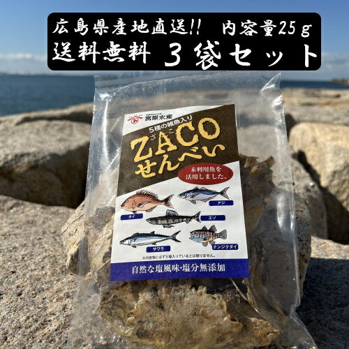 （送料無料）ZACOせんべい　5種の雑魚入り　3袋セット　タイ　アジ　エソ　サワラ　テンジクダイ　宮原水産　広島産　内容量25g×3　クリックポスト　減塩　自然食品　あっさり　腎臓病食品　無添加