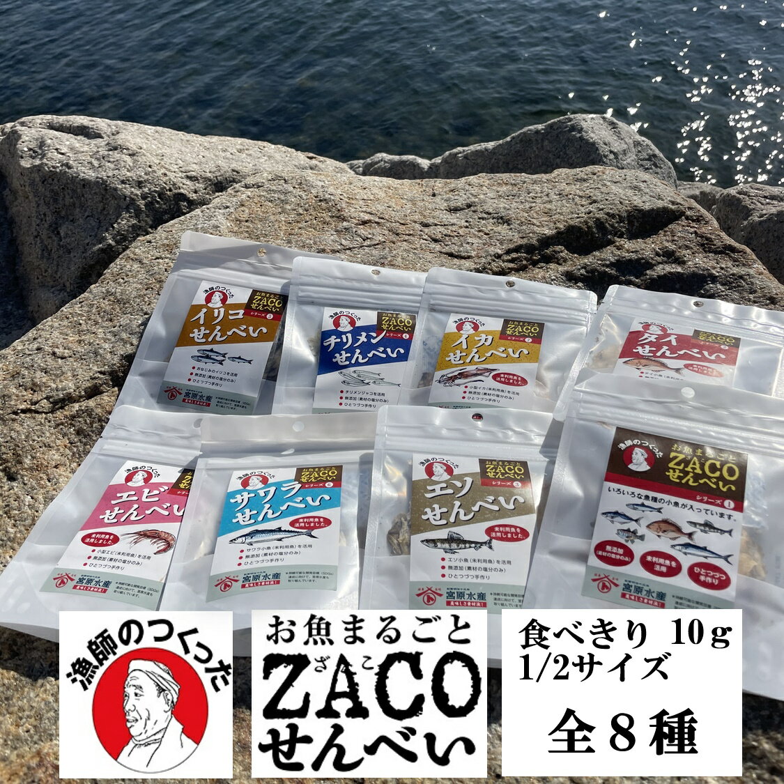 （送料無料）ZACOせんべい　ハーフサイズ全種セット　タイ　アジ　エソ　サワラ　テンジクダイ　ちりめん　イリコ　イカ　えび　宮原水産　内容量1袋10g　全8種　減塩　自然食品　あっさり　腎臓病食品　無添加