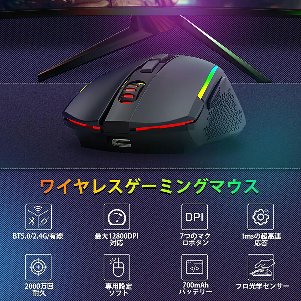 【今日限定 3000円以上300円OFFクーポン】Redragon ワイヤレス ゲーミング キーボード&マウスセット 60% テンキーレス【BT/2.4G/USB有線】英語配列 静音メンブレン 12800DPI 光学ゲーミングマウス 充電式 RGB マクロ対応 Windows/Mac/PS5/Android 多機種対応 (ブラック) - Image 3