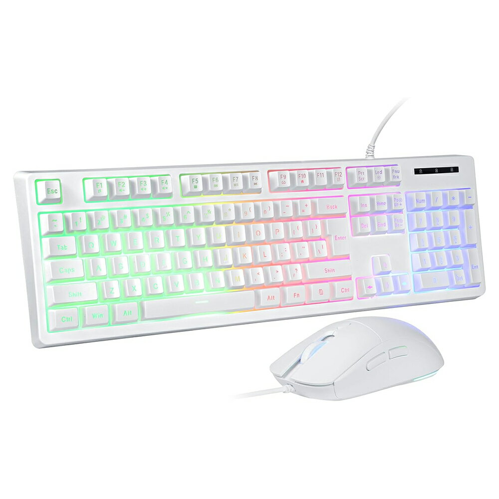 Rakuten - HUO JI ゲーミングキーボード&マウスセット 有線 静音 メンブレン メカニカル風打鍵感 RGBバックライト 104キー テンキー付き 英語配列 防ゴースト Windowsロック機能 DPI調整可能 PC/PS5/Xbox対応（ホワイト）