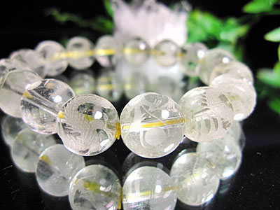 グリーン　ファントム水晶　/大きさ：12mm珠/内径：約17cm/3Aグレード/龍の彫刻