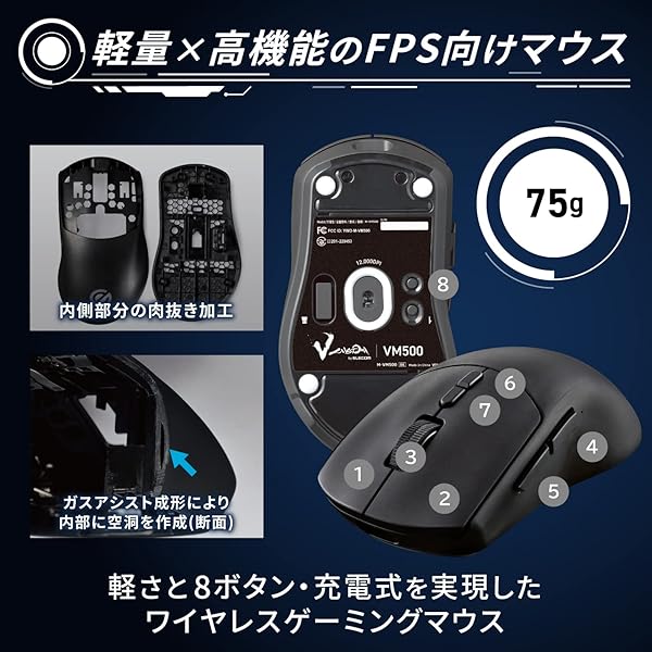 スプラウツLLC 楽天市場店のエレコム ゲーミングマウス ワイヤレス 無線2.4GHz/有線両対応 V custom VM500 充電式 8ボタン DPI120｜アングル2