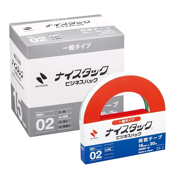 ニチバン 両面テープ ナイスタック ビジネスパック (一般) 5巻入 15mm×30m NWBP-15ブランドNICHIBAN ニチバン色ホワイトモデルNWBP-15商品説明【商品概要】【テープ仕様】サイズ：幅15mm×30m巻、粘着力：普通、基材：古紙パルプ配合率40％再生紙、粘着剤：アクリル系、厚さ：0.09mm、ホルダー付き、入数：5巻入【汎用的】「普通」の粘着力（弊社製品比）なので、使いやすい【長尺】30m巻のたっぷり使える長尺タイプ【再生紙】テープ基材に古紙配合率40％の再生紙を使用したグリーン購入法対象品【用途】書類や図面などの貼り合わせに【商品説明】【商品詳細】ブランド：NICHIBAN ニチバン商品種別：両面テープ商品名：ニチバン 両面テープ ナイスタック ビジネスパック (一般) 5巻入 15mm×30m NWBP-15製造元：ニチバン商品番号：NWBP-15発売日：2017年10月18日商品内容：幅15mm×30m巻色：ホワイト商品タイプ：大巻30m巻/5個【当店からの連絡】【配送について】当店では複数の物流拠点から発送しております。外装箱が提携配送センターのものである場合がございますが、品質に問題はございません。あらかじめご了承ください。