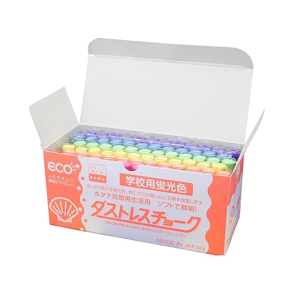 日本理化学 ダストレス蛍光チョーク 6色 DCK-72-6C 72本ブランド日本理化学色6色セットモデルDCK-72-6C商品説明【商品概要】【本体サイズ】 1.12cm×6.3cm【素材】 チョーク本体:炭酸カルシム、ホタテ貝殻粉末 中仕切り:PET【セット内容】 ダストレス蛍光チョーク:蛍光6色(蛍光赤、蛍光黄、蛍光青、蛍光緑、蛍光橙、蛍光紫)各12本 合計72本【パッケージサイズ】 165mm×70mm×75mmグリーン購入法適合商品、北海道リサイクルブランド認定商品、2010年農林水産大臣賞受賞商品【本体サイズ】 1.12cm×6.3cm【商品説明】【商品詳細】ブランド：日本理化学商品種別：文房具・オフィス用品商品名：日本理化学 ダストレス蛍光チョーク 6色 DCK-72-6C 72本製造元：日本理化学商品番号：DCK-72-6C色：6色セット【当店からの連絡】【配送について】当店では複数の物流拠点から発送しております。外装箱が提携配送センターのものである場合がございますが、品質に問題はございません。あらかじめご了承ください。