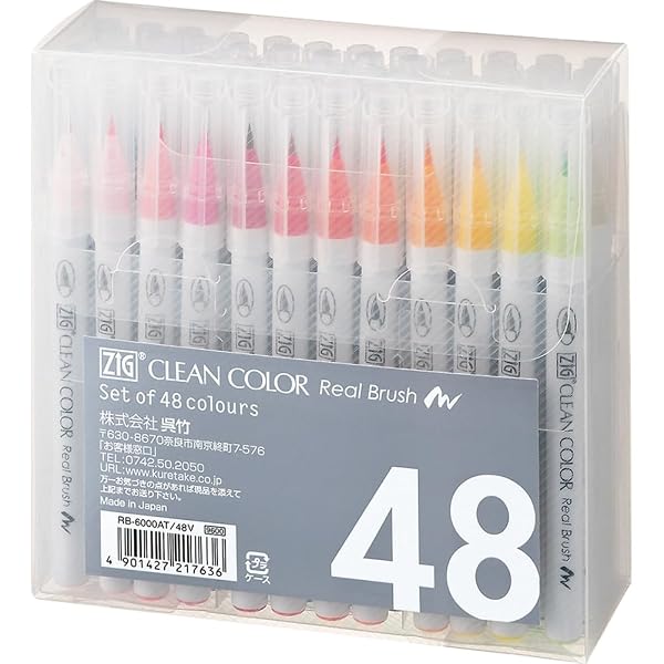 呉竹 カラーペン 筆ペン ZIG クリーンカラー リアルブラッシュ 48色 RB-6000AT/48Vブランド呉竹(Kuretake)色48V／48色モデルRB-6000AT/48V商品説明【商品概要】毛筆タイプのカラーペンなので、線描き・ベタ塗りが自由自在!スケッチや、デザイン画、イラストやコミックなど色々な用途に使える160mmX162mmX58mm充実の48色セット【商品説明】【商品詳細】ブランド：呉竹(Kuretake)商品種別：文房具・オフィス用品商品名：呉竹 カラーペン 筆ペン ZIG クリーンカラー リアルブラッシュ 48色 RB-6000AT/48V製造元：呉竹(Kuretake)商品番号：RB-6000AT/48V商品内容：48個 (x 1)色：48V／48色商品タイプ：毛筆【当店からの連絡】【配送について】当店では複数の物流拠点から発送しております。外装箱が提携配送センターのものである場合がございますが、品質に問題はございません。あらかじめご了承ください。