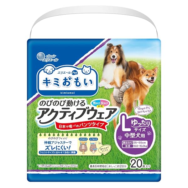 エリエール Pet キミおもい のびのび動けるアクティブウェア L ゆったり 20枚 犬用 おむつブランドエリエール Pet色無モデルLゆったり20商品説明【商品概要】●アクティブに動いてもお腹まわりがズレにくい！日本で唯一＊ズレにくいお腹まわり伸縮バンド構造搭載のパンツタイプ。＊サイズ調整可能でお腹まわりにポケット構造ができるパンツ形状オムツとして先行技術調査及びMintel GNPDを用いた当社調べ2023年4月●お洋服との合わせ方でも楽しめるパッチワーク風デザイン●フロントポケット構造！男の子の性器もおさまる！お腹まわりからのモレブロック。ウエストサイズに合わせて自在に調整。アジャスター付きウエストシッポサイズに合わせて自在に調整。4段階調整シッポ穴【商品説明】【商品詳細】ブランド：エリエール Pet商品種別：犬用紙おむつ商品名：エリエール Pet キミおもい のびのび動けるアクティブウェア L ゆったり 20枚 犬用 おむつ製造元：大王製紙商品番号：M-L 26枚発売日：2025年04月28日商品内容：Lゆったりサイズ色：無【当店からの連絡】【配送について】当店では複数の物流拠点から発送しております。外装箱が提携配送センターのものである場合がございますが、品質に問題はございません。あらかじめご了承ください。