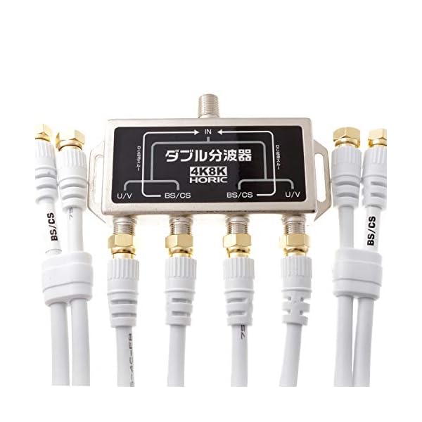 ホーリック アンテナダブル分波器 【4K8K放送(3224MHz)/BS/CS/地デジ/CATV 対応】 ケーブル4本付属 50cm HAT-WSP005ブランドホーリック(HORIC)色ホワイト ケーブル付きモデルHAT-WSP005商品説明【商品概要】【本体仕様】 ●入力周波数：10～3224 MHz ●U/V出力周波数：10～770 MHz ●BS/CS出力周波数：1000～3224 MHz ●サイズ：W約99.5 x H約65.0 x D約16.8 mm【ケーブル仕様】 ●ケーブル規格：S-4C-FB ●ケーブル直径：6mm ●ケーブル長：50cm●コネクタ規格：F型 ●コネクタ形状：両側ネジ式（金メッキ仕様） ●コネクタサイズ：W約12.5 x H約12.5 x D約32.75 mm ●インピーダンス：75Ω袋パッケージ●期間：1年間 ●生産国：中国【商品説明】【商品詳細】ブランド：ホーリック(HORIC)商品種別：家電＆カメラ商品名：ホーリック アンテナダブル分波器 【4K8K放送(3224MHz)/BS/CS/地デジ/CATV 対応】 ケーブル4本付属 50cm HAT-WSP005製造元：ホーリック(HORIC)商品番号：HAT-WSP005発売日：2014年06月10日商品内容：50cm ケーブル色：ホワイト ケーブル付き商品タイプ：5W分波器ケーブル付き【当店からの連絡】【配送について】当店では複数の物流拠点から発送しております。外装箱が提携配送センターのものである場合がございますが、品質に問題はございません。あらかじめご了承ください。