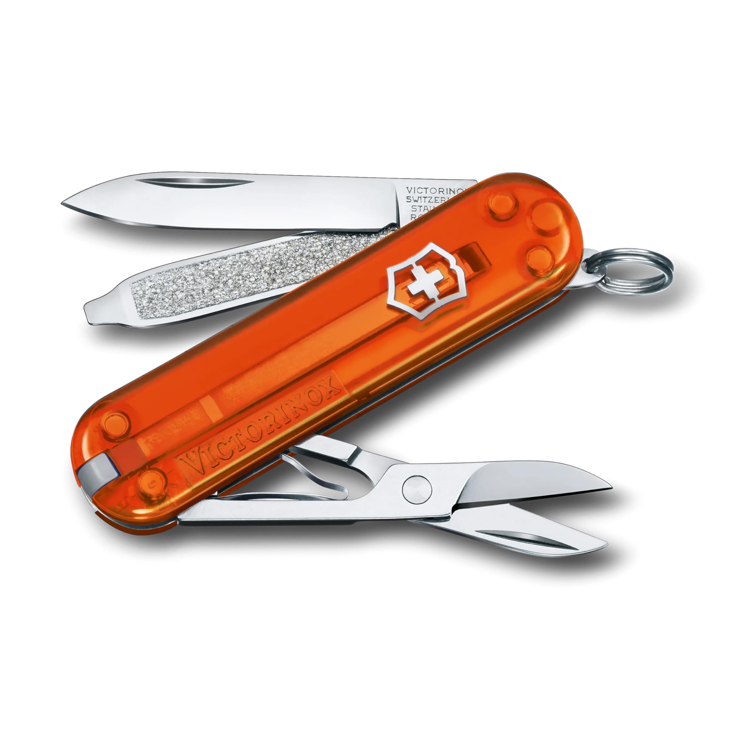 VICTORINOX(ビクトリノックス) クラシック SD クラシックカラーズ Fire Opal スイス・アーミーナイフ 多機能 ナイフ 防災グッズ アウトドア キャンプ はさみ マイナスドライバー付き つめやすり 7機能を搭載したスイス製マルチツール 小型 コンパクト プレゼント ギフト 十徳 【国内正規品】 0.6223.T82GブランドVICTORINOX(ビクトリノックス)色モデル0.6223.T82G商品説明【商品概要】カラー: Fire Opal (Tオレンジ)本体サイズ:（幅×高さ×全長):18 x 9 x 58 mm/重さ: 21 g7機能: スモールブレード(小刃)、はさみ、つめやすり、マイナスドライバー(小)、トゥースピック(つまようじ)、ピンセット、キーリング素材: ステンレススチール、セリドール樹脂画像の色味はご覧になる環境(PCモニターやスマホ画面、ブラウザ等)や撮影時の光加減等により、実際の商品色味と若干異なる場合がございます。また各商品の色/商品名はカラーチャートに着想を得たイメージネームであり、実際の色見本カラーネームに必ずしも合致するものではありません。予めご了承下さい。【商品説明】【商品詳細】ブランド：VICTORINOX(ビクトリノックス)商品種別：マルチツール商品名：VICTORINOX(ビクトリノックス) クラシック SD クラシックカラーズ Fire Opal スイス・アーミーナイフ 多機能 ナイフ 防災グッズ アウトドア キャンプ はさみ マイナスドライバー付き つめやすり 7機能を搭載したスイス製マルチツール 小型 コンパクト プレゼント ギフト 十徳 【国内正規品】 0.6223.T82G製造元：VICTORINOX(ビクトリノックス)商品番号：0.6223.T82G商品内容：32g【当店からの連絡】【配送について】当店では複数の物流拠点から発送しております。外装箱が提携配送センターのものである場合がございますが、品質に問題はございません。あらかじめご了承ください。