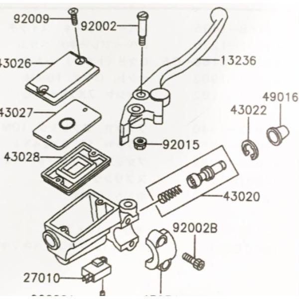 ゼファー400(ZR400C)　C1～C2　ブレーキレバー (フロントブレーキレバー)　図中(13236番)　13236-1287　(13236-1205より品番統一) 1038K-13236-1287