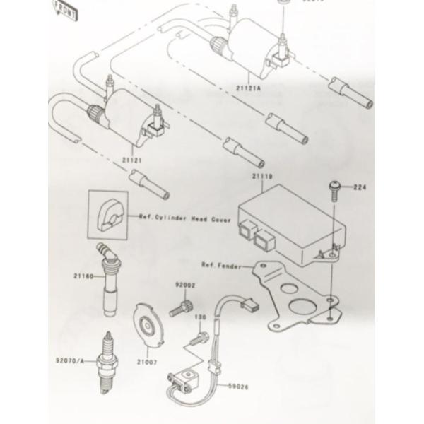 ZRX400/400-II(ZR400E)　2000年モデルまで　イグニッションコイル　1台分　図中(21121＆21121A番)　21121-1235　21121-1236 1094K-21121-1235-21121-1236