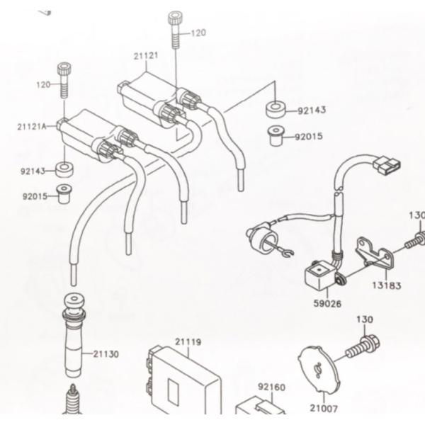 バリオス(ZR250A)　プラグキャップ(スパークプラグキャップ)　1台分　図中(21130番)　部品番号　21130-1063　4個 223k211301063x4