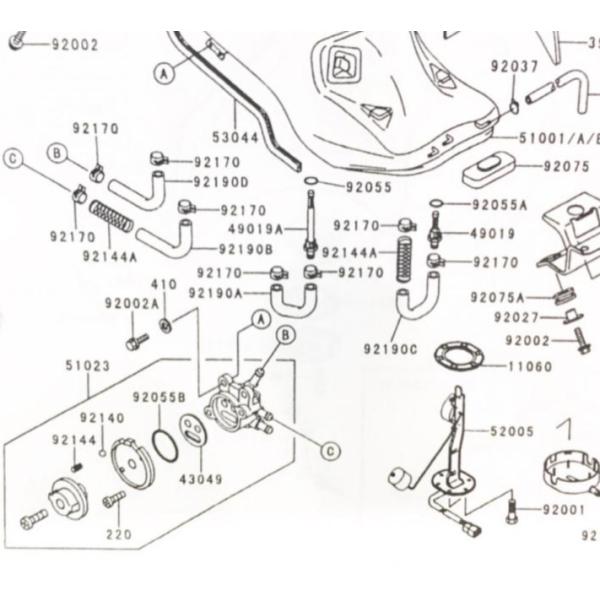 ZZR1100(ZXT10D)　D5～(1997年モデル以降)　フューエルゲージ＆ガスケット　(フューエルユニット)　図中(52005番＆11060番)　52005-1114　11060-1337 382K52005-1114-11060-1337
