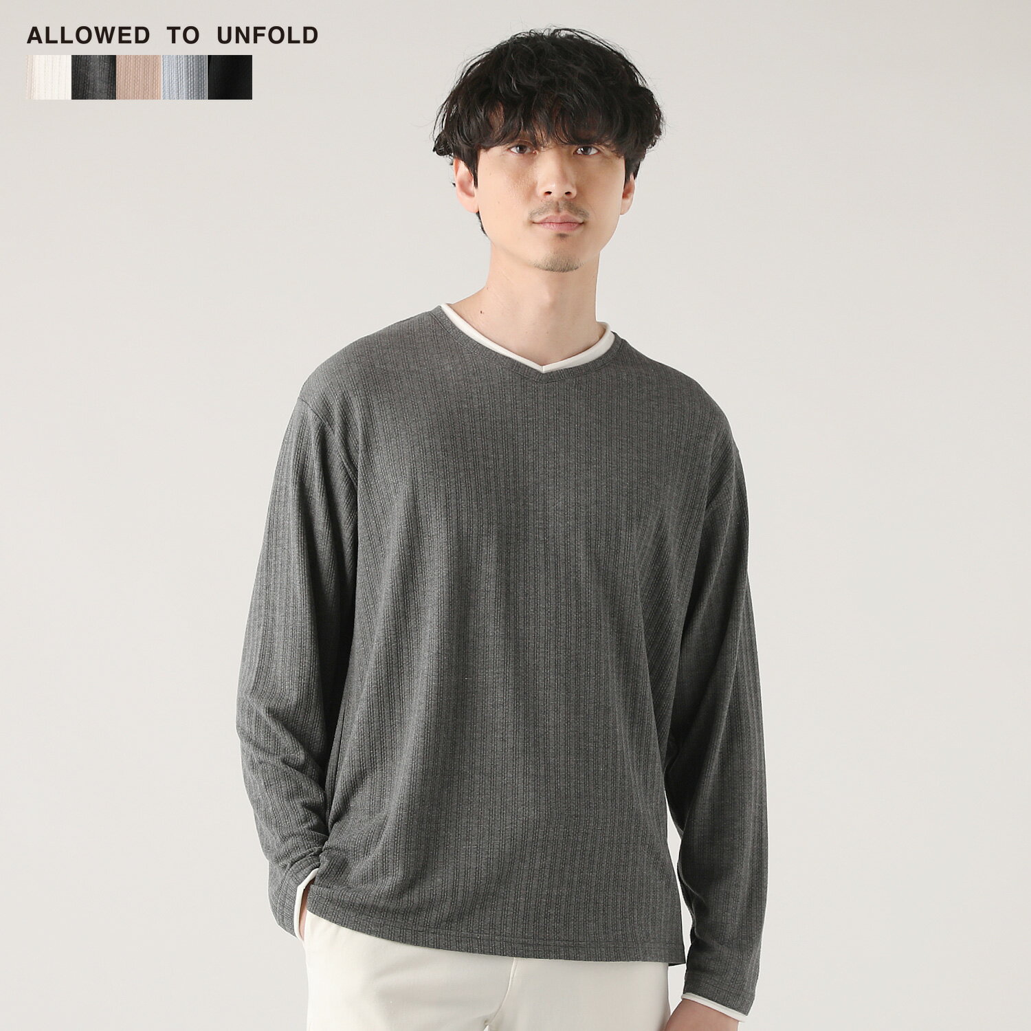 カットソー フェイクレイヤードカットソー メンズ 春 夏 秋 春服 夏服 秋服 リップル ロールネック コードリップル Vネック 長袖 M L LL