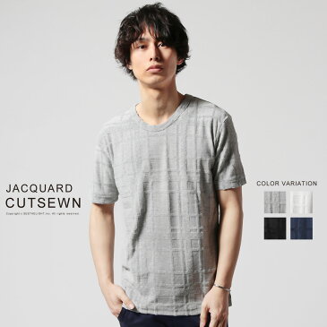 カットソー メンズ 春 夏 新作 パイル ジャガード 半袖 カットソー トップス トレンド チェック メンズファッション Tシャツ タオル地 パイル地 M L SPU スプ