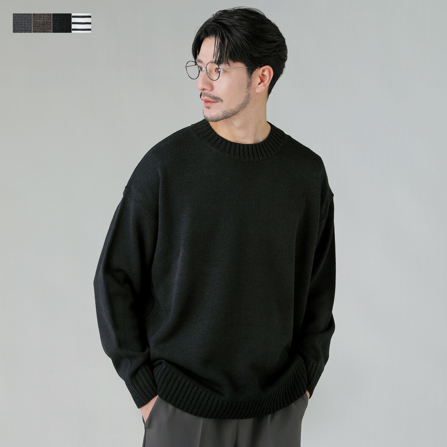 ニット メンズ メンズファッション 秋 冬 秋服 冬服 クルーネック オーバーサイズ ウォッシャブル 5G 天竺 長袖 ブラック チャコール ブラウン ボーダー S M L XLのサムネイル