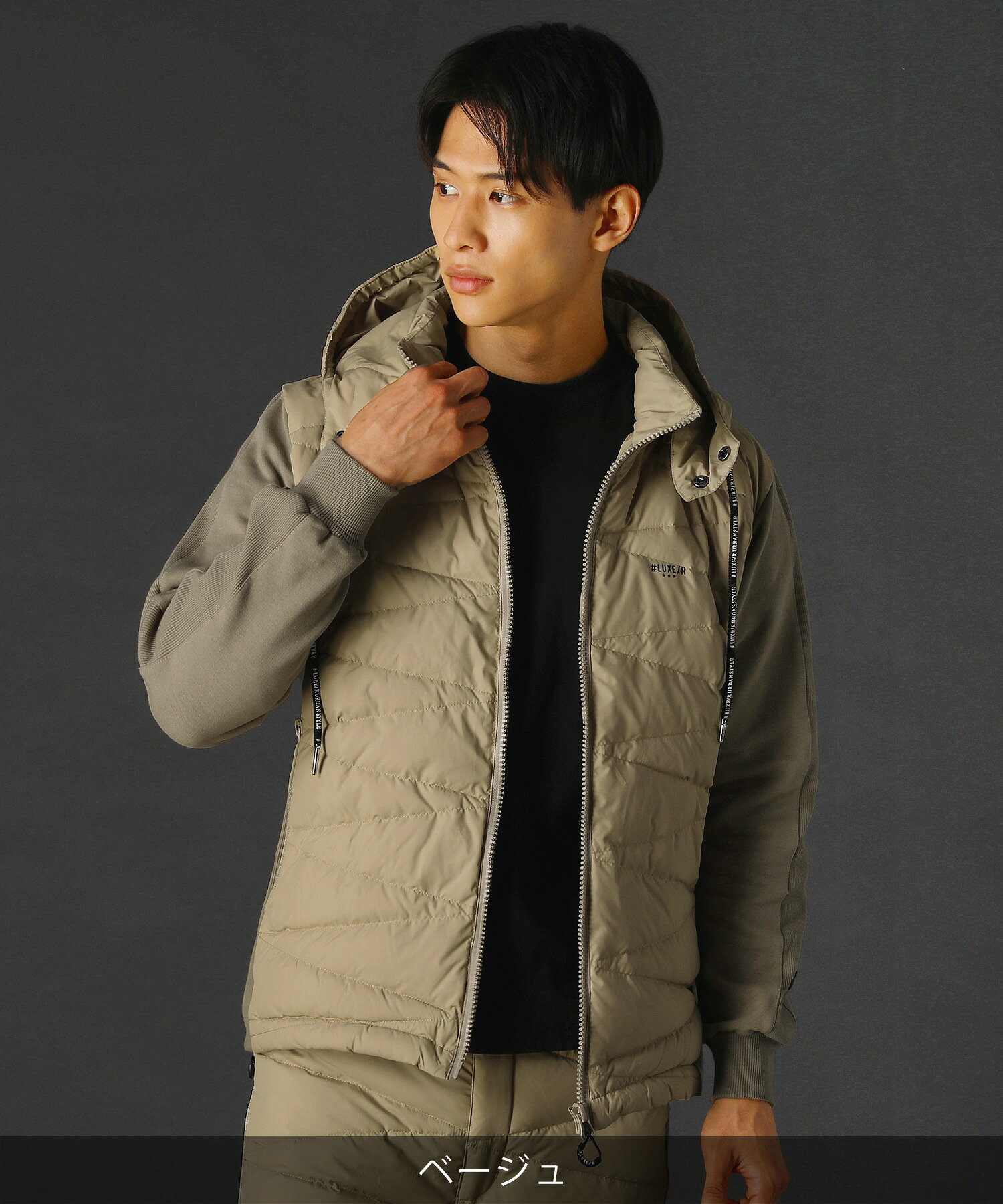 【セットアップ対応】 ゴルフウェア メンズ ダウンジャケット アウター 秋 秋服 冬 冬服 防寒 ダウンフェザー ハイネック ジャージ 切替 フード 脱着フード 2WAY 異素材 高密度 ジップポケット ゴルフ M L XL 45761