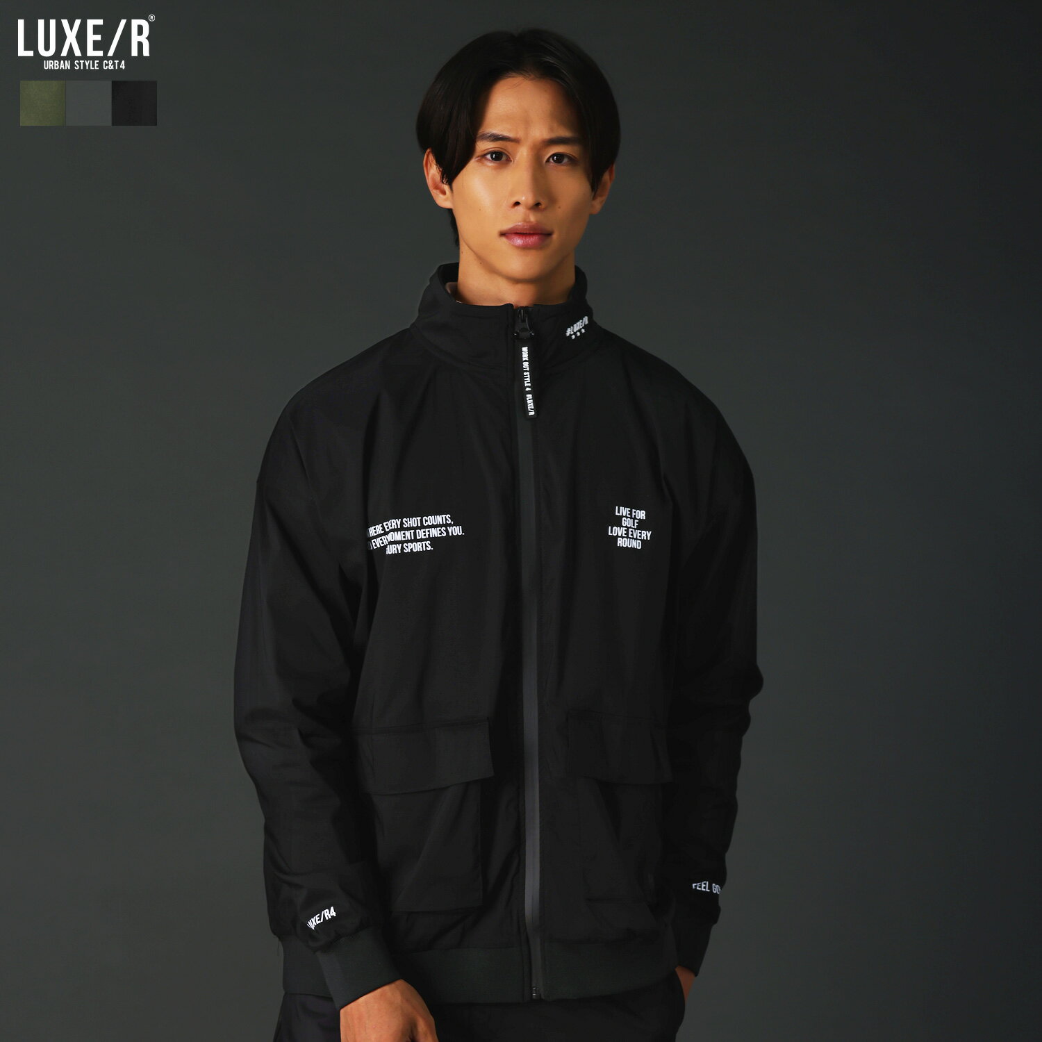 【セットアップ対応】 ゴルフウェア メンズ ジャケット ハイネック ジップフライ 秋 秋服 冬 冬服 止水ジップ ストレッチ ポケット ジム プリント ロゴ M...