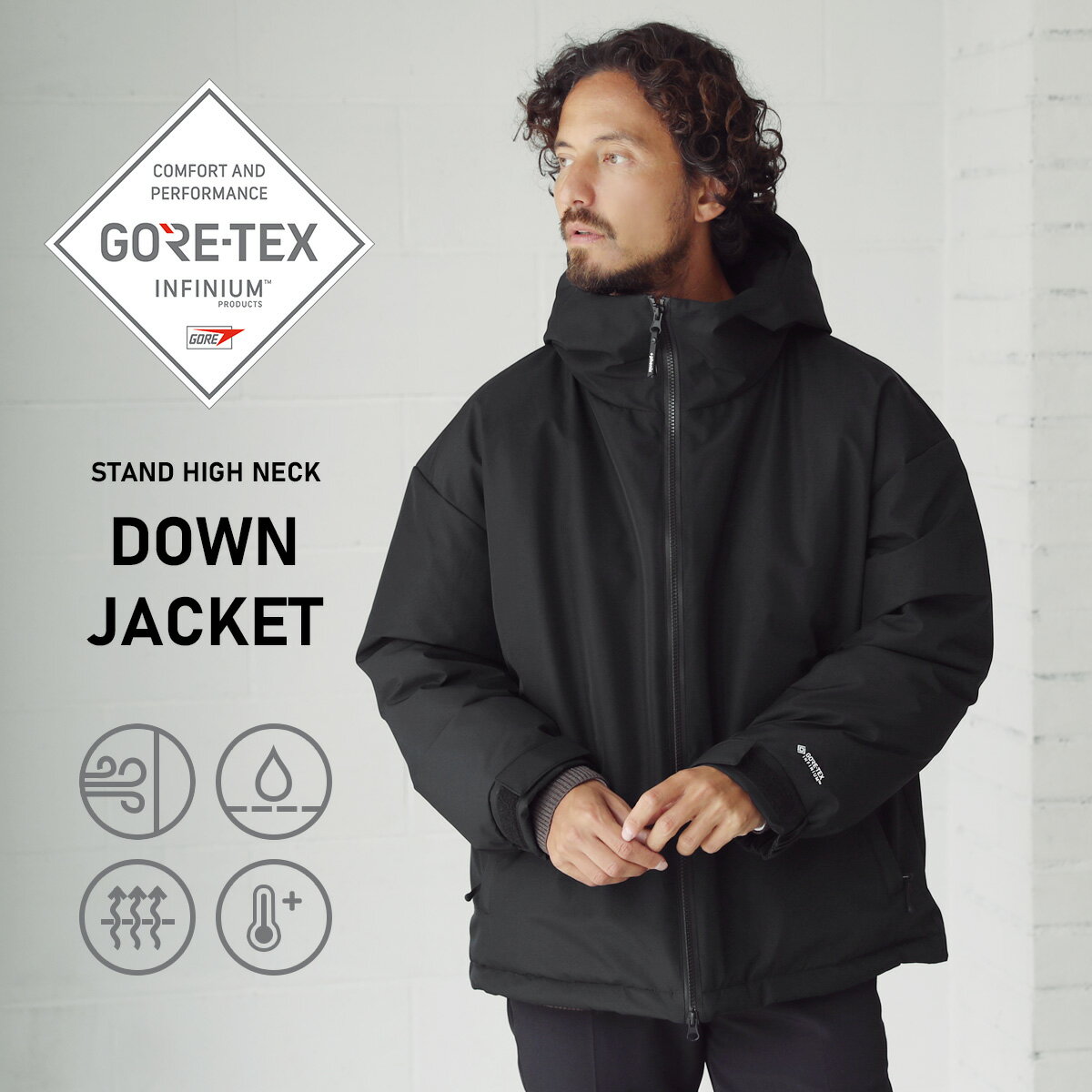 ダウンジャケット メンズ アウター ダウン 冬 冬服 GORE-TEX INFINIUM ゴアテックス インフィニウム ハイネック ダウンジャケット フード 防風 透湿 撥水 保温 機能性 ブラック S M L LL XL ブランド +phenix プラスフェニックス