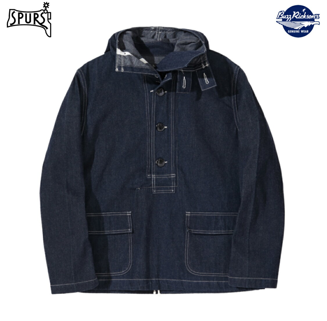 COTTON 100% 米海軍は1940年代初頭に対ガス防止策としてデニム素材を使用したパーカーを採用。 プルオーバーで着脱するため全体的にゆとりのあるシルエットとなっている。 フードの付いたネック周りに設置された左右のストラップはガスマス...