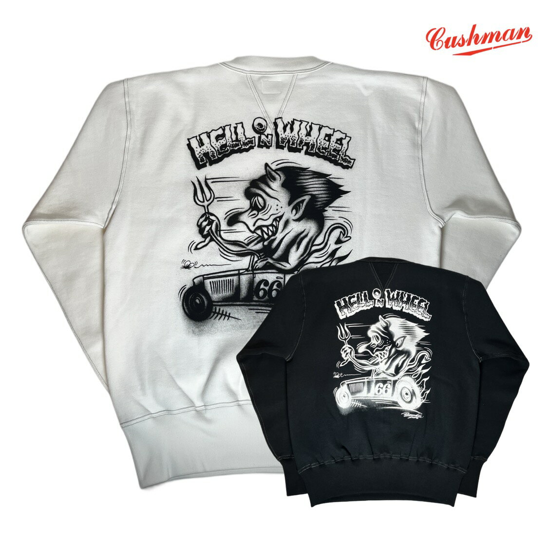 CUSHMAN (クッシュマン) PRINT SET IN SLEEVE HELL on WHEEL  スウェット コットン 吊り編み 国産 丸胴 両V ガゼット アメカジ メンズ 日本製 送料無料