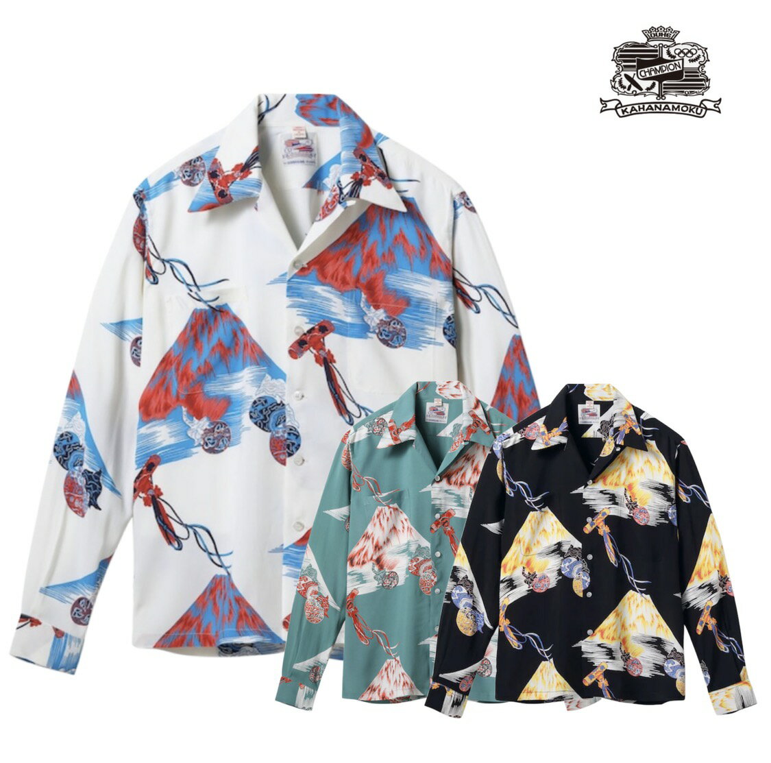 DUKE KAHANAMOKU (デューク・カハナモク) DUKE KAHANAMOKU SPECIAL EDITION “Mt.FUJI & LUCKY EGGPLANT” (LONG SLEEVE)  ハワイアンシャツ アロハ スペシャルエディション レーヨン 和柄 富士山 茄子 縁起物 アメカジ メンズ 日本製 送料無料