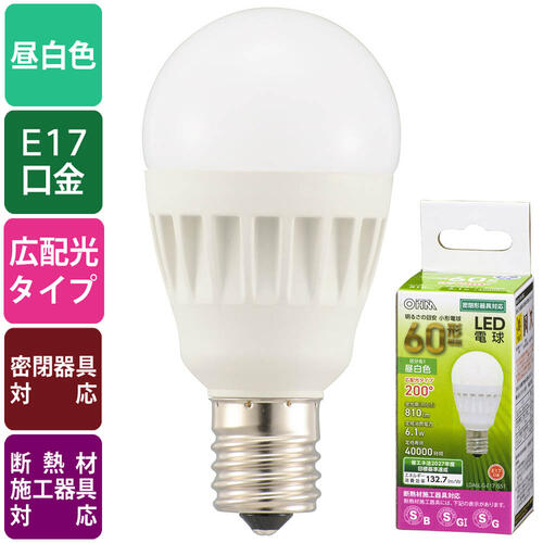 Rakuten - 【メーカー在庫限り】オーム電機 06-4478 LED電球 小形 LDA6N-G-E17 IS51（60形相当/810lm/昼白色/E17/広配光200°/密閉器具対応/断熱材施工器具対応）4971275644786