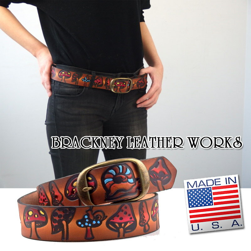 ☆【BRACKNEY LEATHER WORKS】ブラックニーレザーワークス アメリカ製型押 レザーベルト BELT マッシュルーム柄 ブラウン キノコ NO, 5307 11729 20777 21028