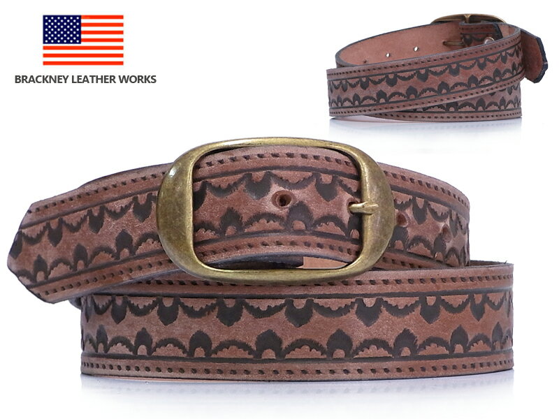 ☆【BRACKNEY LEATHER WORKS】ブラックニーレザーワークス アメリカ製型押 レザーベルトBELT ウェーブ柄 ブラウン 5307 11729 20777 21028