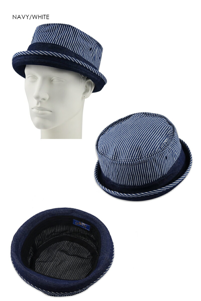☆GENTLY【ジェントリー】PORK PIE HAT NAVY/WHITE ヒッコリー×デニム　ポークパイ...
