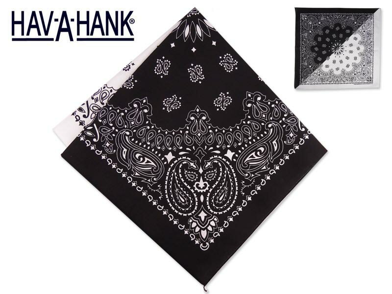 HAV-A-HANK【ハブアハンク】 SPLIT PISLEY BANDANA BLACK/WHITE スプリット ペイズリー バンダナ ブラック/ホワイト 12116 [ハバハンク]20802 21224