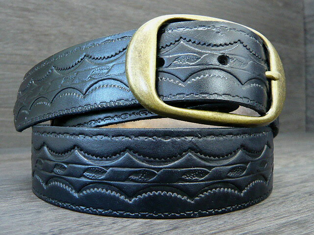 ☆【BRACKNEY LEATHER WORKS】ブラックニーレザーワークス アメリカ製型押 レザーベルトBELT ウェーブ柄 ブラック NO,10 5307 11729 20777 21028