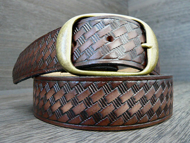 ☆【BRACKNEY LEATHER WORKS】ブラックニーレザーワークス アメリカ製型押 レザーベルトBELT ウーブン柄 ブラウン 5307 11729 20777 21028