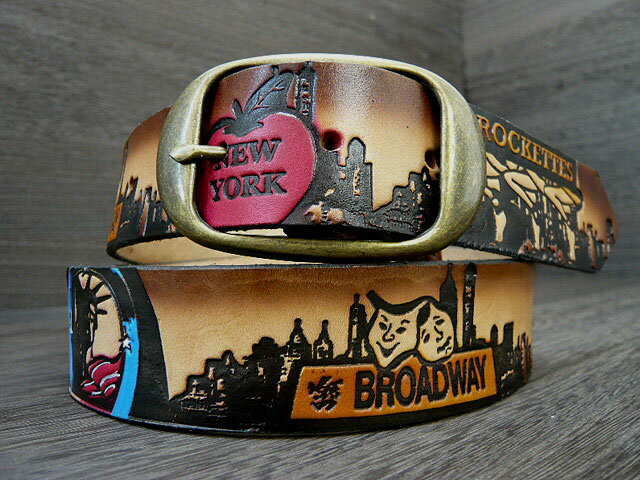 ☆【BRACKNEY LEATHER WORKS】ブラックニーレザーワークス アメリカ製型押 レザーベルトBELT ニューヨーク柄 ブラウン NO,24 5307 11729 20777