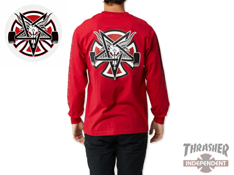 ☆INDEPENDENT×THRASHER【インディペンデント×スラッシャー】PENTAGRAM CROSS LONG SLEEVE T-SHIRTS CARDINAL ロングスリーブTシャツ カーディナル 17321 [SKATE SK8 スケボー]　10P21Feb15