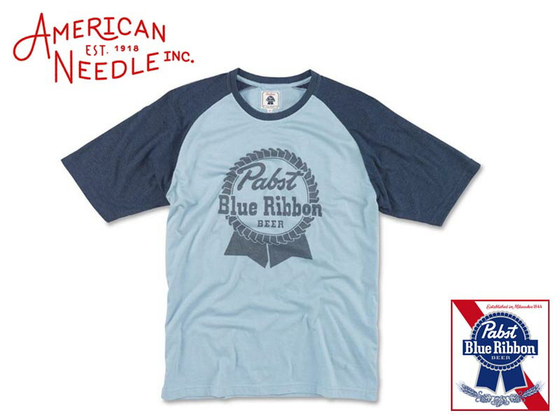 ☆AMERICAN NEEDLE×Pabst Blue Ribbon【アメリカンニードル×パブストブルーリボン】 VINTAGE FADE RAGLAN LIGHT BLUE/NAVY ラグランTシャツ ライトブルー/ネイビー 17483[T-SHIRTS メンズ レディース]　10P05Sep15のサムネイル