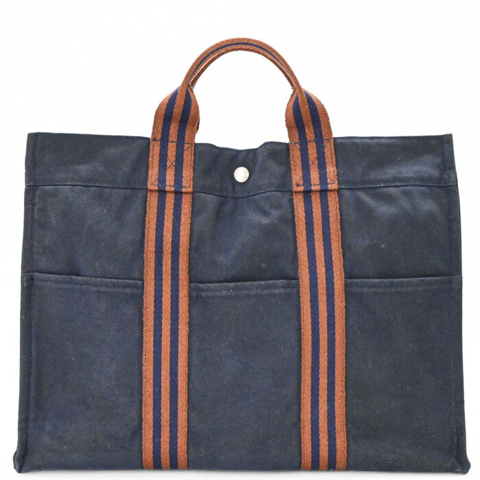 Rakuten - 【お値引き】HERMES エルメス ニューフールトゥ トートMM ハンドバッグ ハーフレザー レザー ネイビー ブラウン キャンバス レディース メンズ