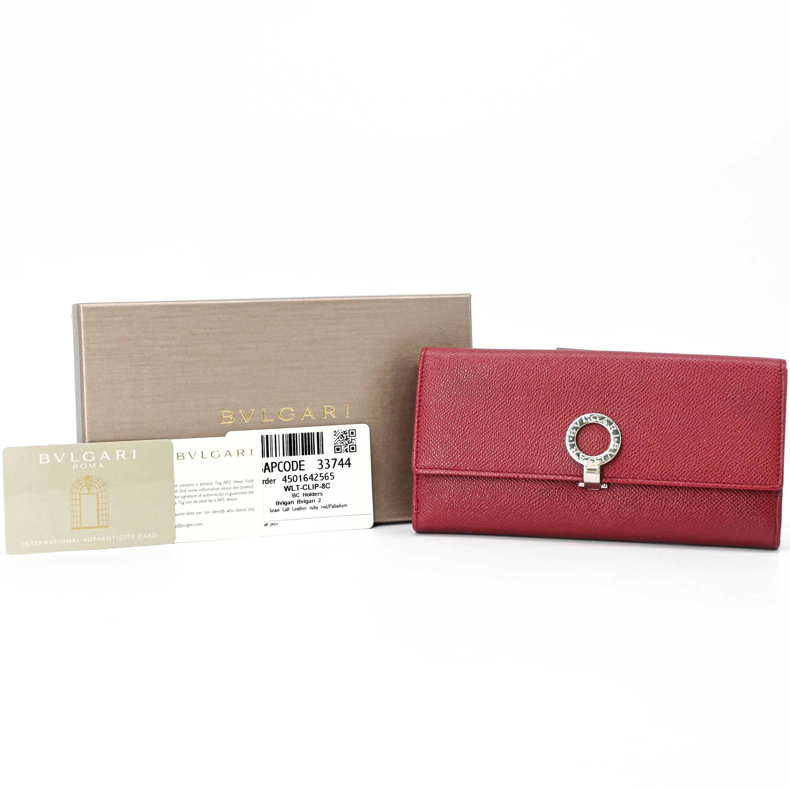 【美品】BVLGARI ブルガリブルガリ サフィアーノ ロングウォレット レディース 二つ折り長財布 赤 レッド 33744