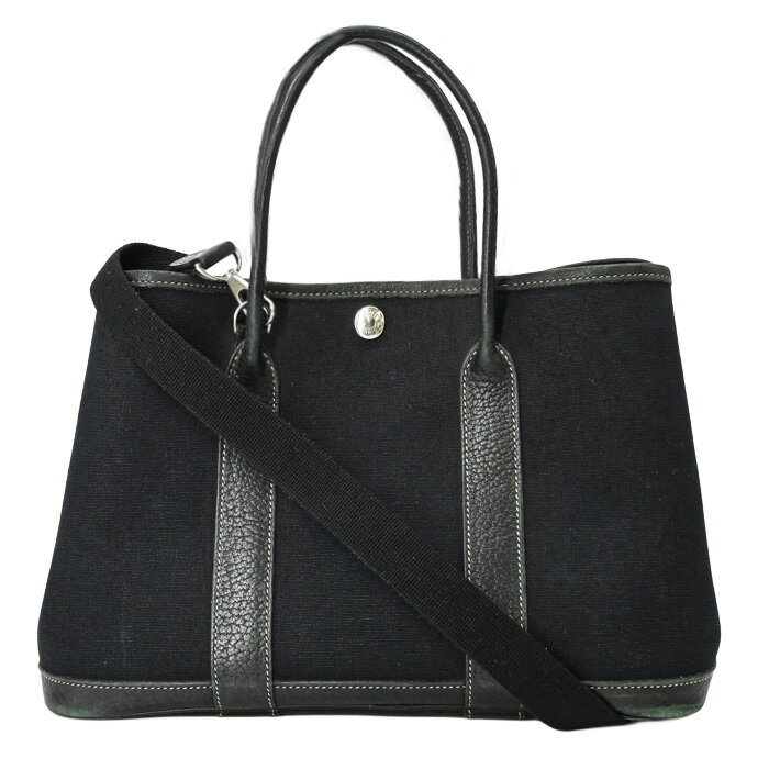 HERMES エルメス ガーデンパーティ 30 TPM ハンドバッグ トート レザー キャンバス ネゴンダ ブラック ストラップ付 #□H