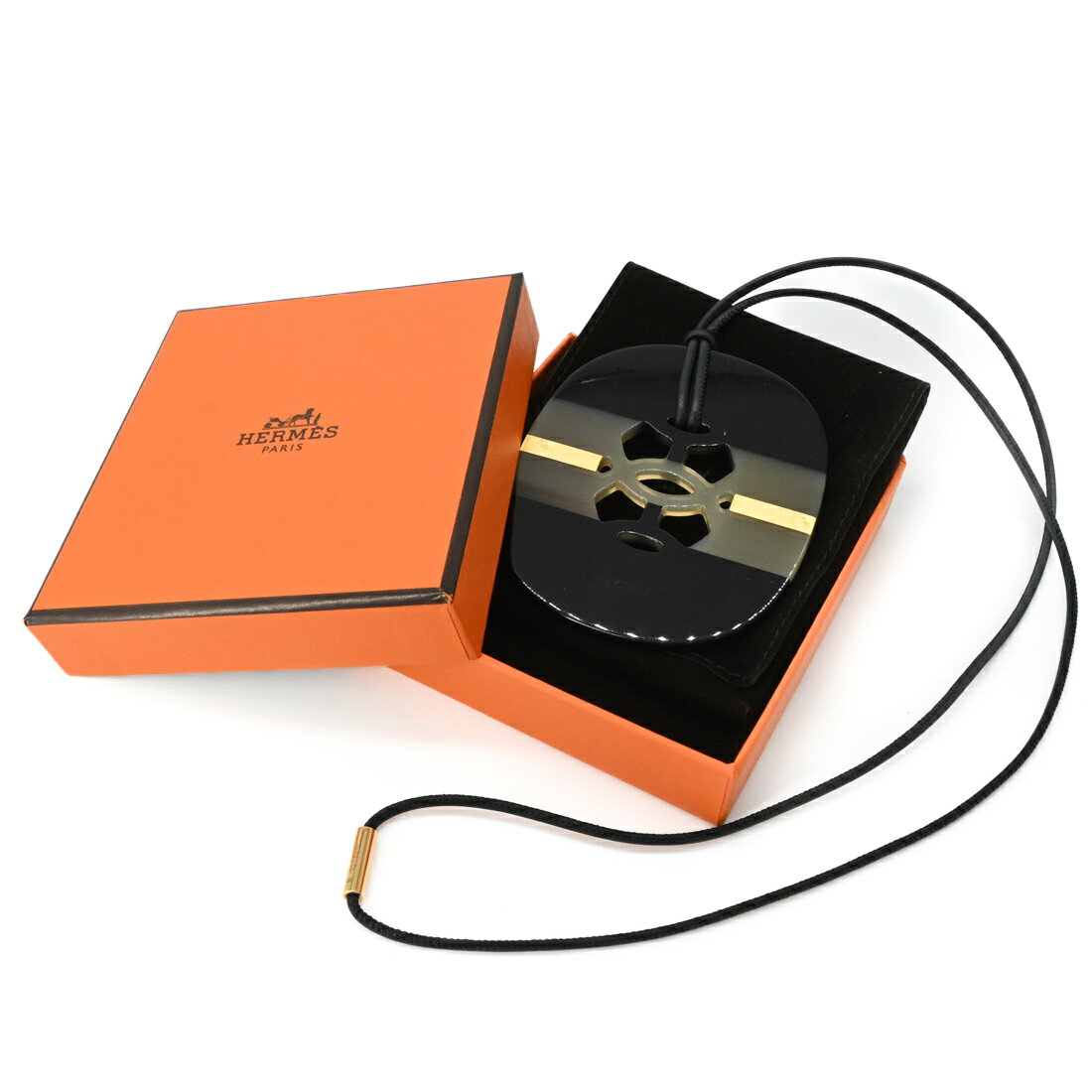 Rakuten - 【美品】HERMES エルメス リフト GM ペンダント ネックレス バッファローホーン アクセサリー ブラック ゴールド 黒 金