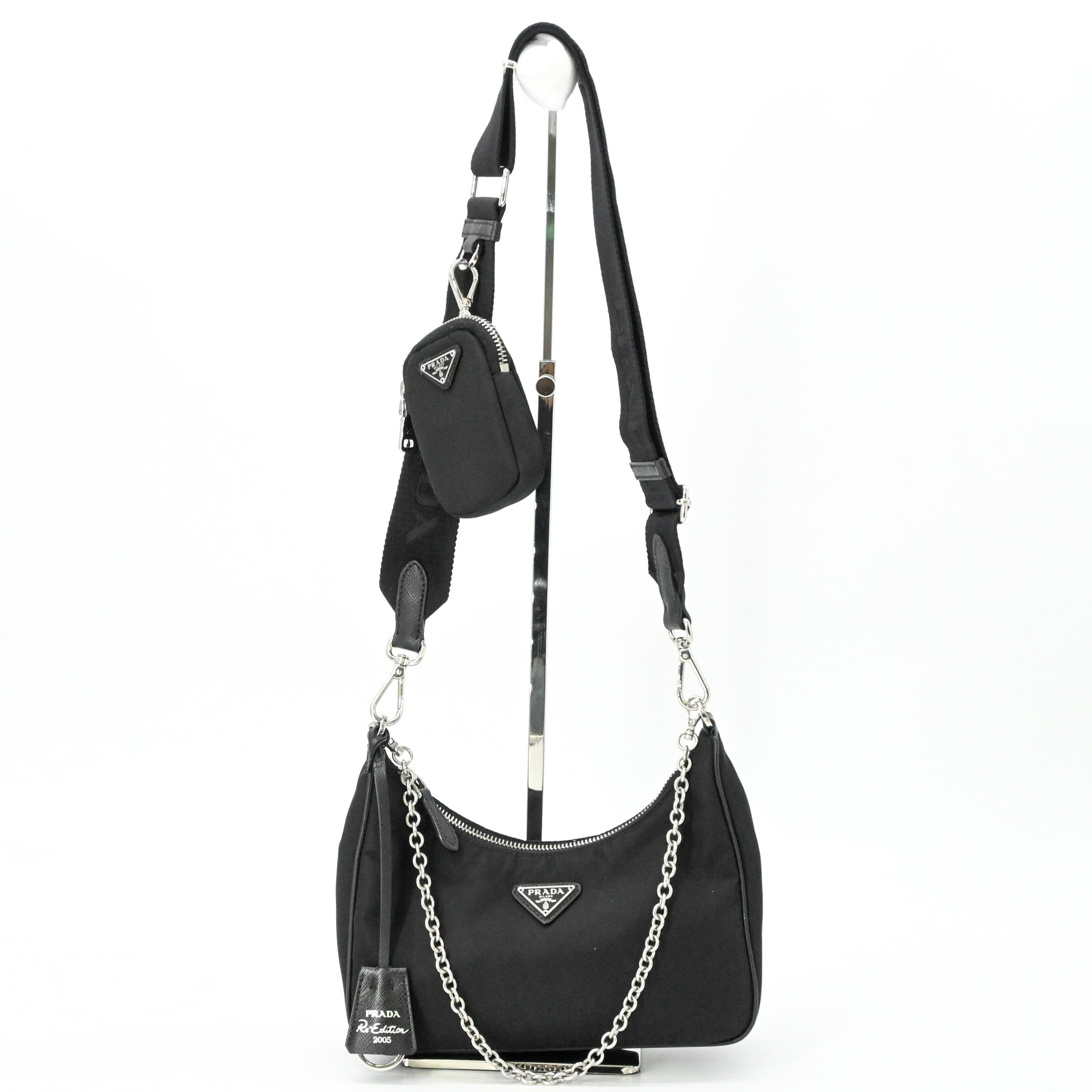 PRADA - 【美品】PRADA プラダ テスート ナイロン レザー ショルダーバッグ ポーチ付き ハンドバッグ 2WAY レディース 三角ロゴ ブラック シルバー金具 黒 IBH204