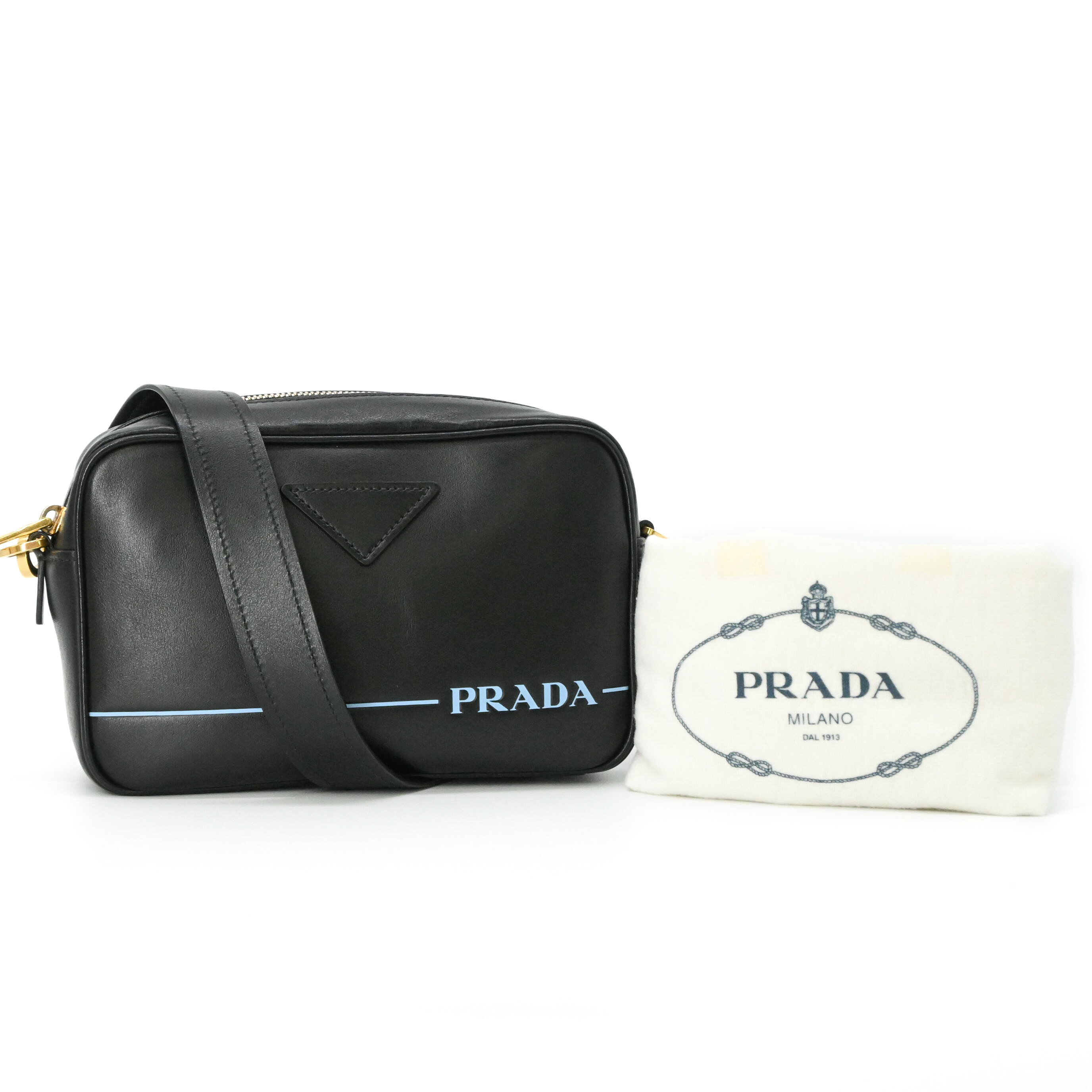 PRADA - 【未使用品】PRADA プラダ トライアングルロゴ ショルダーバッグ レザー ブラック 黒 ブルー 水色 金具ゴールド