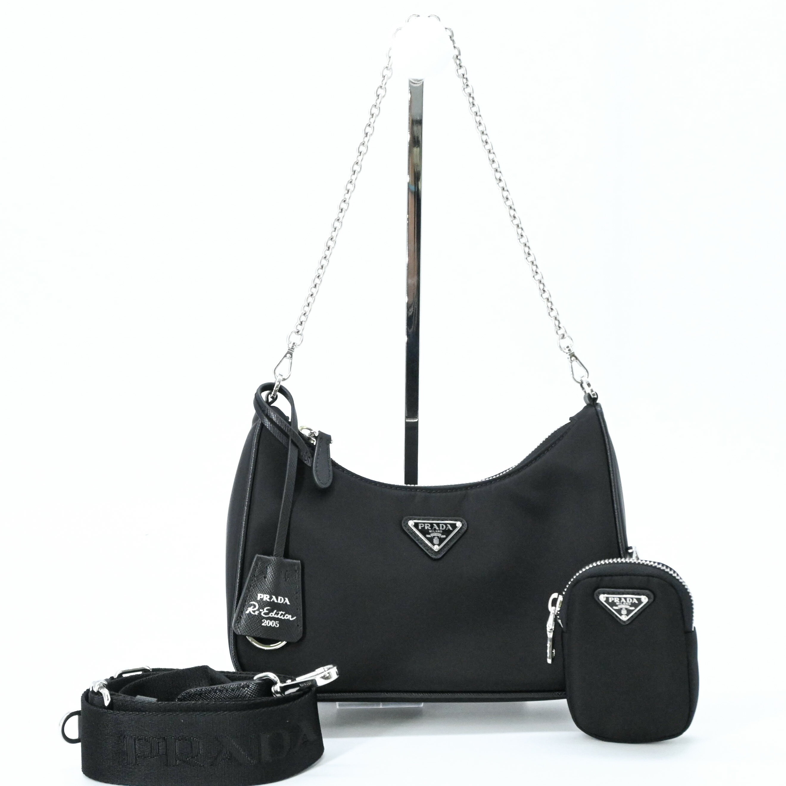 PRADA - 【未使用品】PRADA プラダ Re-Edition 2005ナイロン レザー ショルダー ポーチ付き ハンドバッグ 2WAY レディース 三角ロゴ ブラック 黒 シルバー金具 白タグ