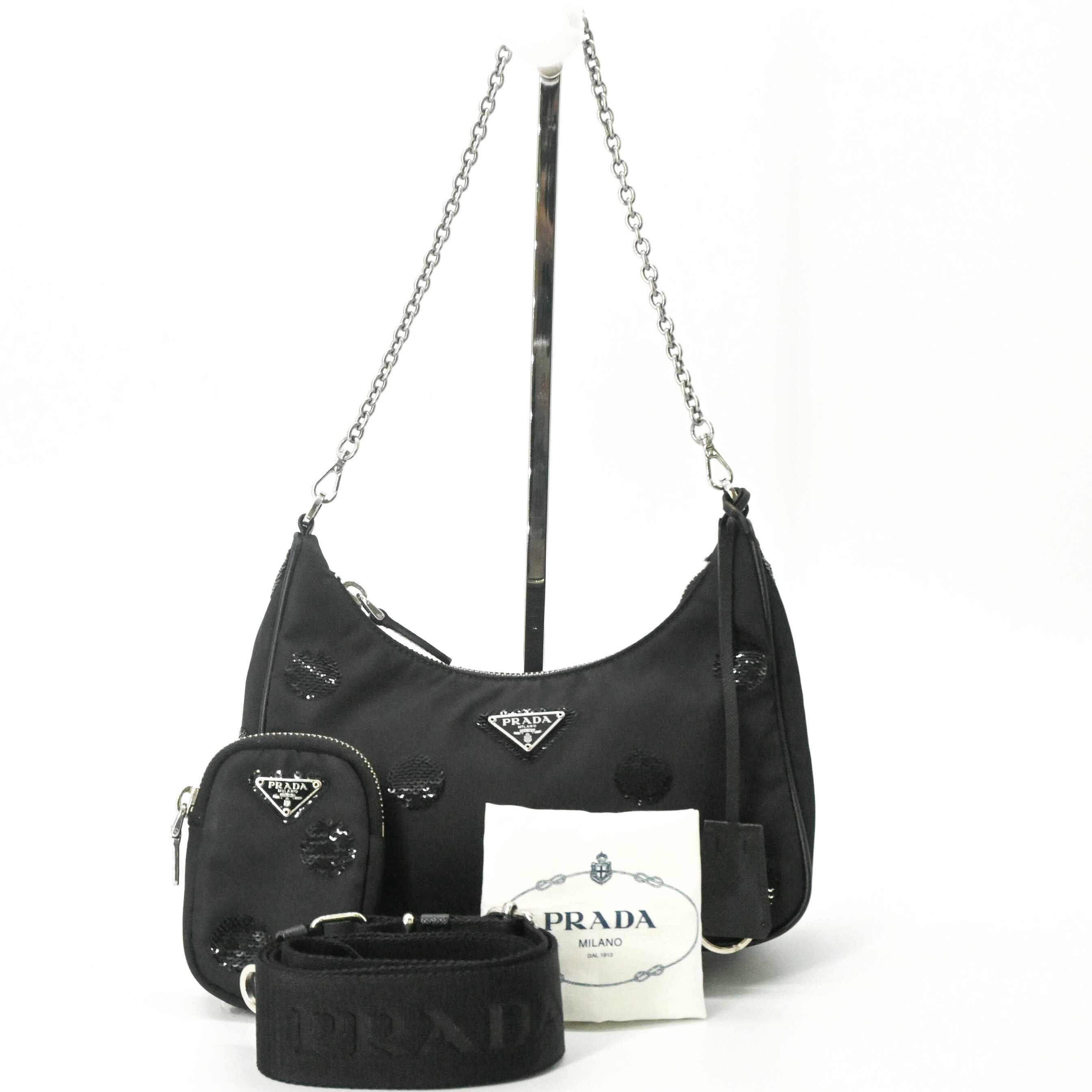 PRADA - 【美品】PRADA プラダ Re-Nylon リナイロン リエディション2005 スパンコール ハンドバッグ ショルダーバッグ レディース ブラック 黒 白タグ