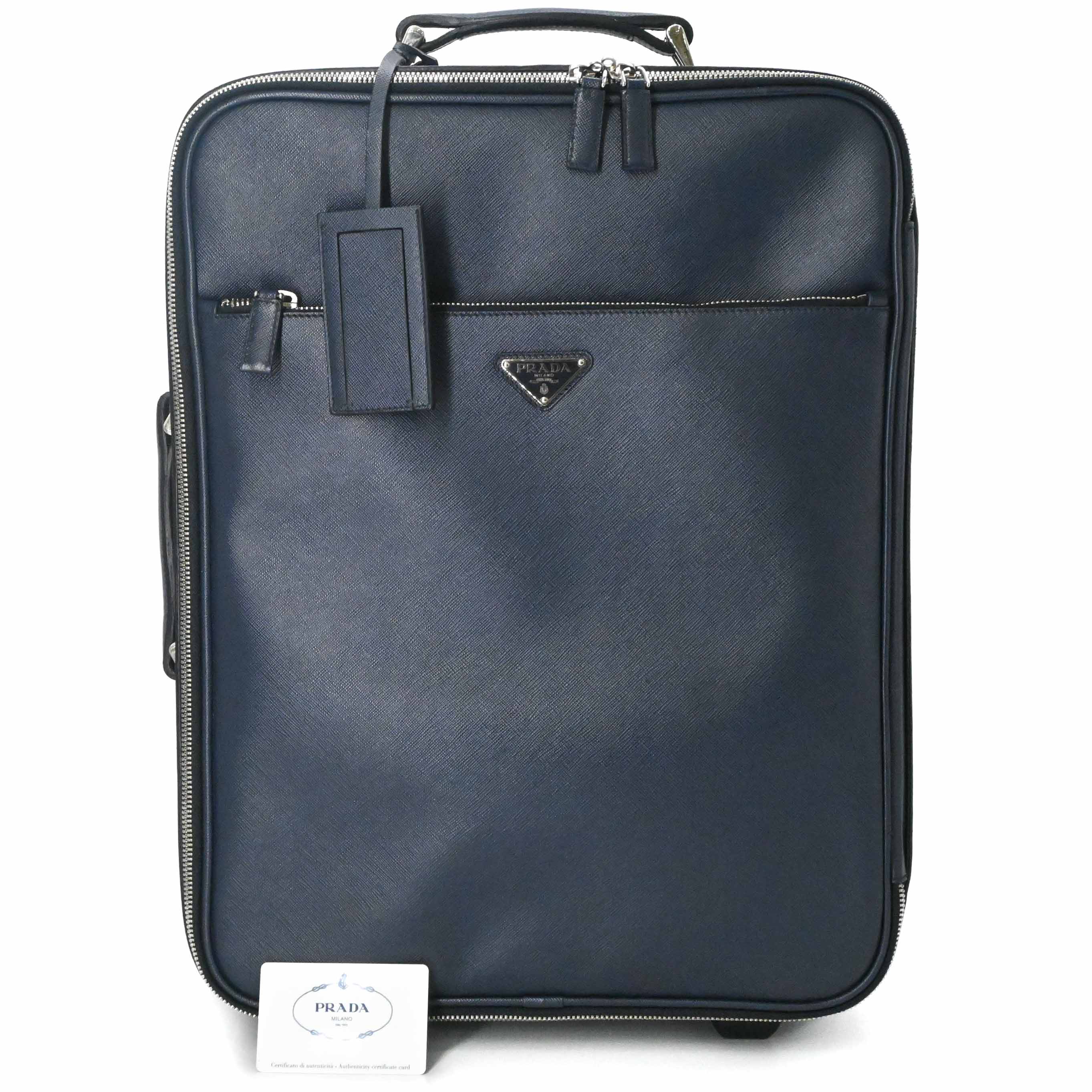 Rakuten - 【美品】PRADA プラダ サフィアーノ レザー キャリーケース トラベル 旅行鞄 スーツケース 三角ロゴ ネイビー 青 VV030M 白タグ有