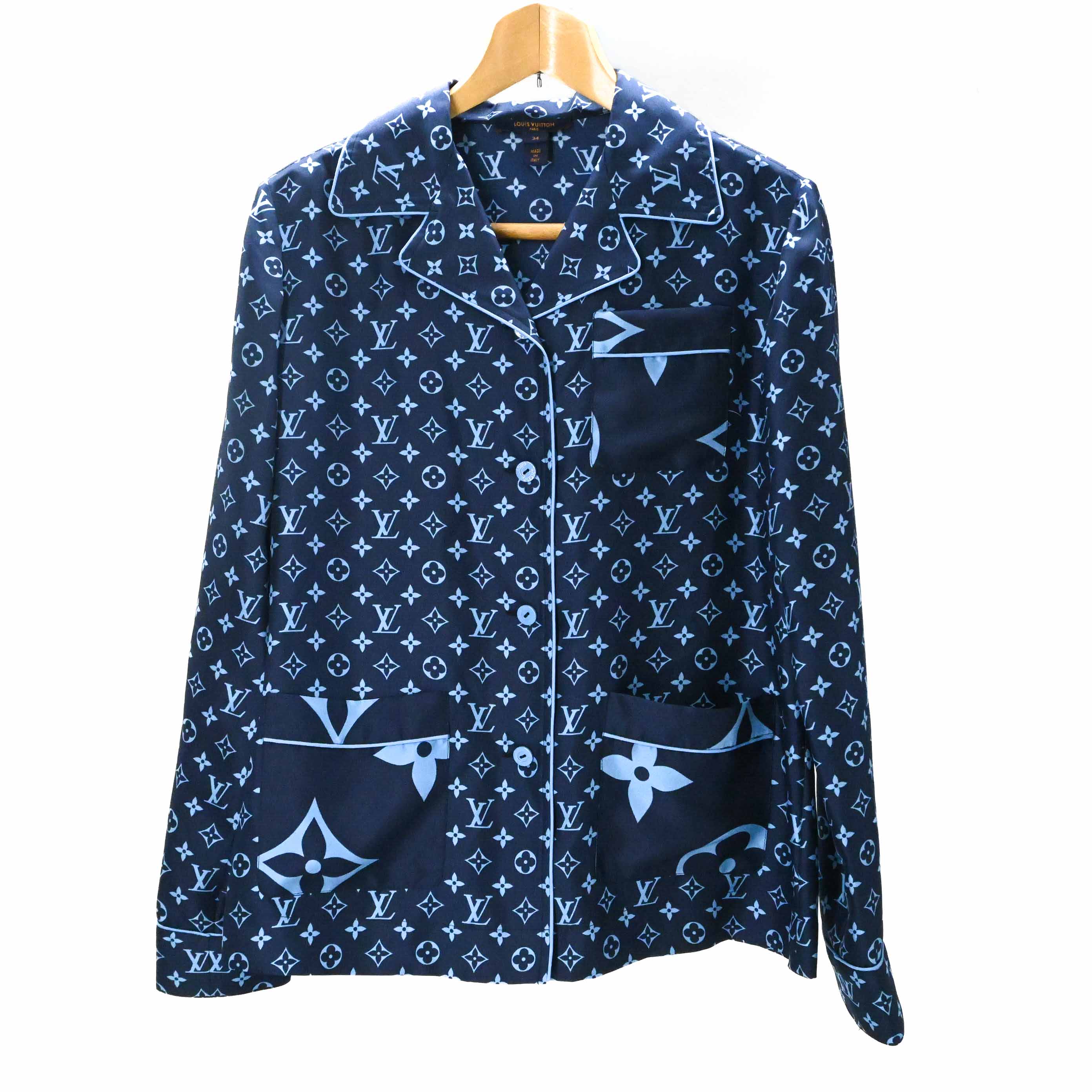 乐天商城 - 【未使用品】LOUIS VUITTON ルイヴィトン モノグラム 2022AW LV エスカル パジャマ シャツ シルク100％ ブルー ネイビー 青 ＃34