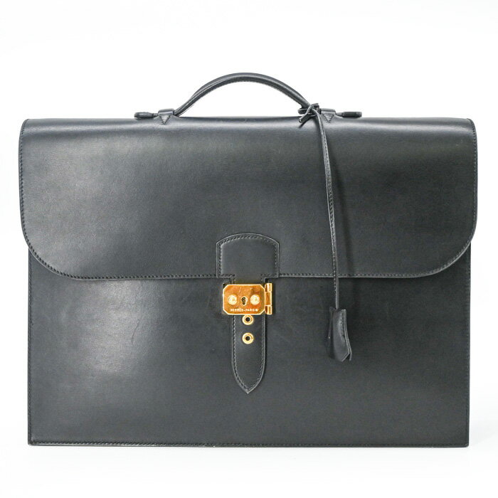 乐天商城 - 【美品】HERMES エルメス サックアデペッシュ 38 ブリーフケース ビジネスバッグ 書類鞄 BOXカーフ レザー ブラック ゴールド金具 メンズ #□B