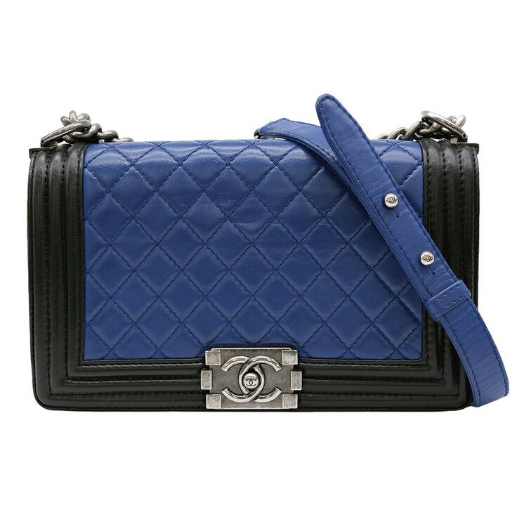【美品】CHANEL シャネル ボーイシャネル チェーン ショルダー ラムスキン ブルー ブラック シール有 A67086