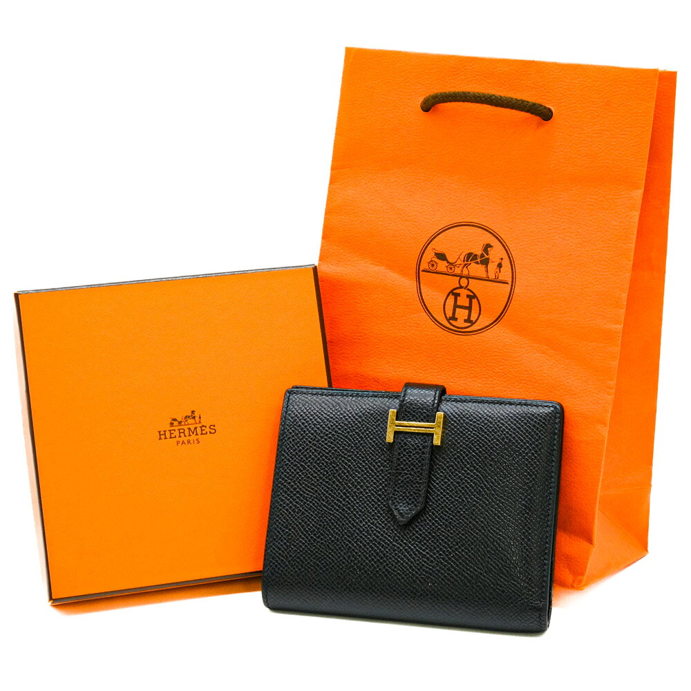 乐天商城 - 【お値引き】HERMES エルメス べアン コンパクト ウォレット 二つ折り財布 ヴォーエプソン レザー ゴールド ブラック 黒 #Z